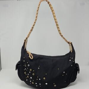 Fossil Studed Woven Gold Strap Black Canvas Bag